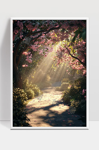 春日阳光洒满樱花小径梦幻幽静山林深处