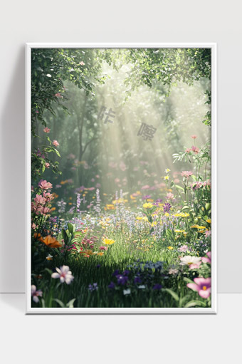 阳光洒落下的梦幻森林花海美景