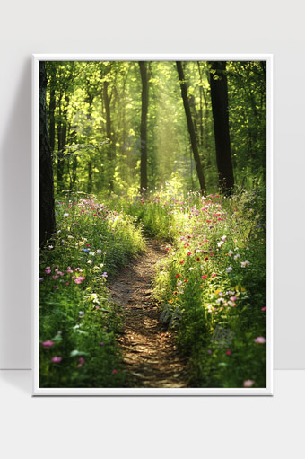 阳光洒落森林小径野花绽放春日美景