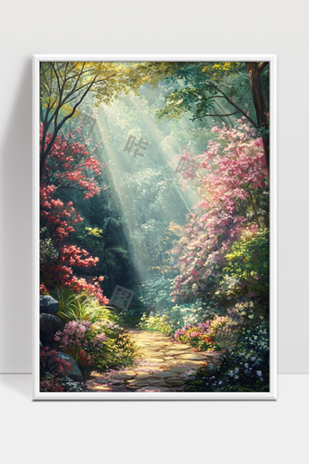 阳光穿透森林花海中的静谧美丽小径