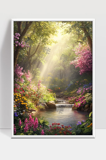 阳光洒落森林溪流花海春日美景