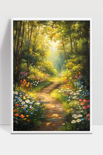 阳光洒满花丛中的幽静森林小径