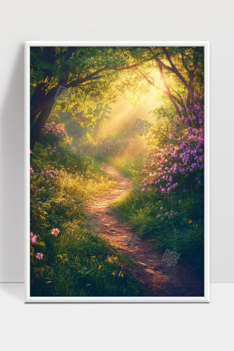 阳光穿透森林小径春天花朵绽放自然风光