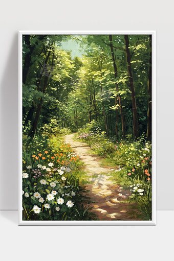 绿意盎然森林小径春日阳光洒满花丛幽静小路