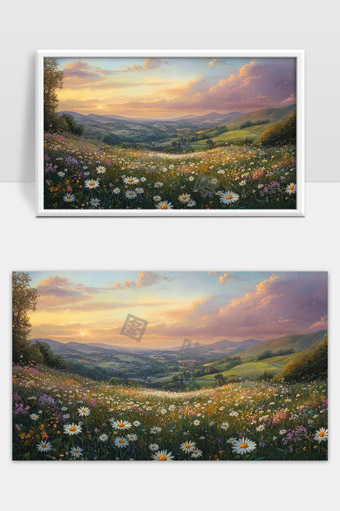 绚丽夕阳照耀下的山谷花海与远山风光