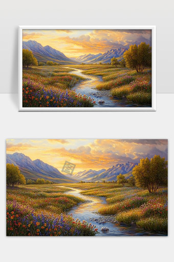 夕阳映照下的山谷溪流与花海美景