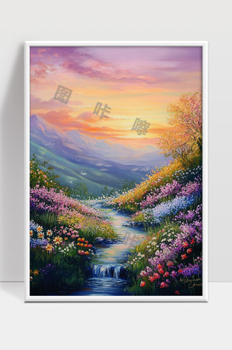 晨光映照下山谷中的五彩花海与潺潺溪流