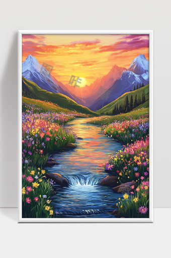 夕阳映照下的山间花海溪流宁静美景