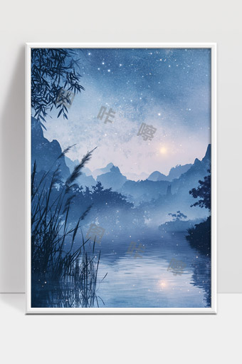 梦幻星空下静谧山水夜晚自然风光画面