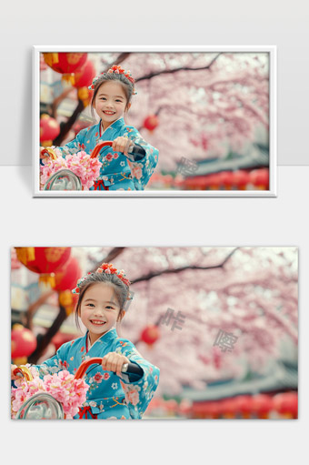 穿着传统服饰笑脸灿烂的小女孩与春天花海