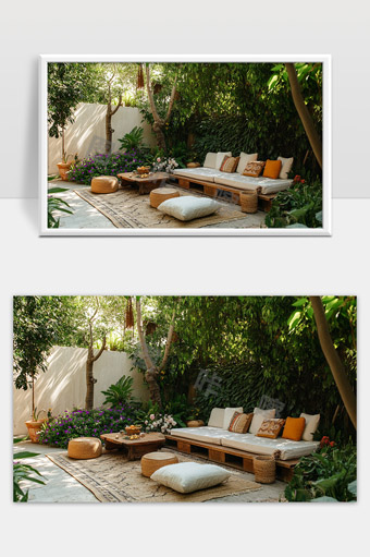 阳光庭院中的自然风格休闲区舒适惬意生活场景