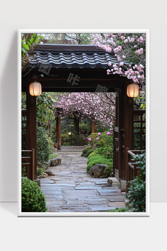 幽静古风花园小径春日樱花盛开美景