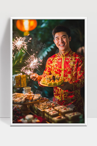 喜庆节日男士传统服饰手持烟花庆祝佳节欢乐场景