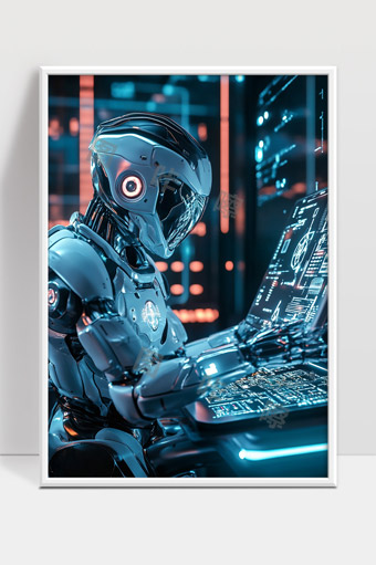 未来智能机器人操作高科技电脑的场景展示