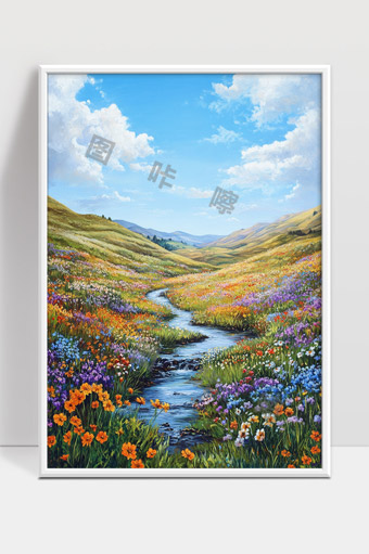 绚丽花海中蜿蜒小溪流淌宁静山谷风光