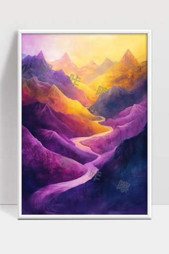 紫色梦幻山谷中蜿蜒溪流与金色晨光景象