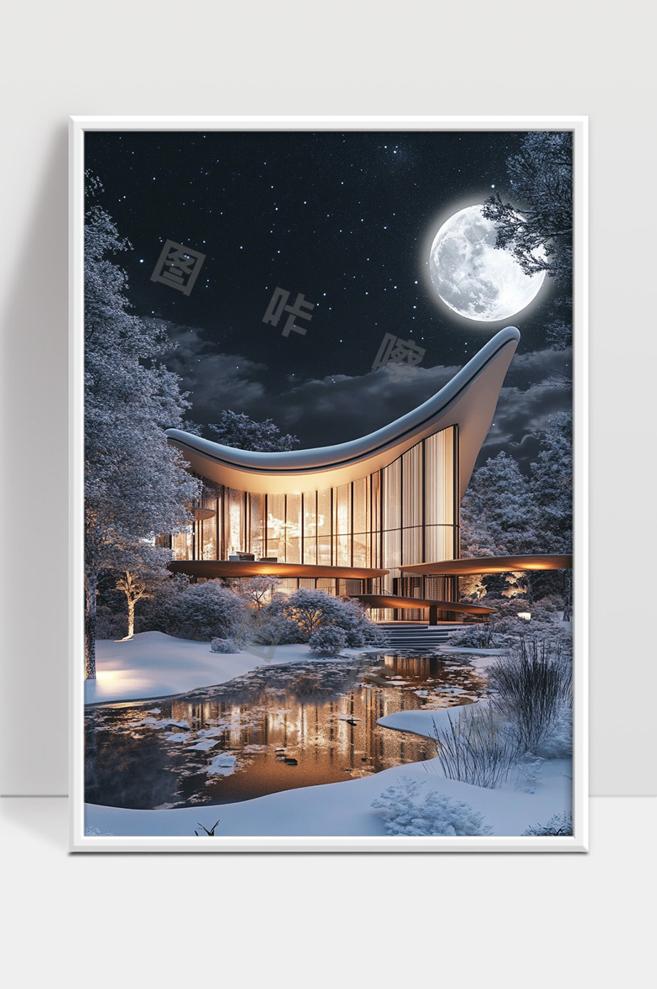 月夜雪景下现代建筑与自然和谐共融的静谧场景