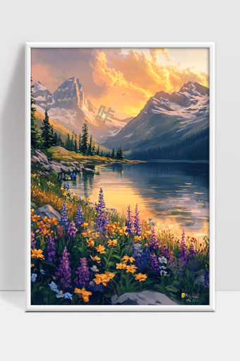 夕阳映照美丽山湖野花盛开自然风光画卷