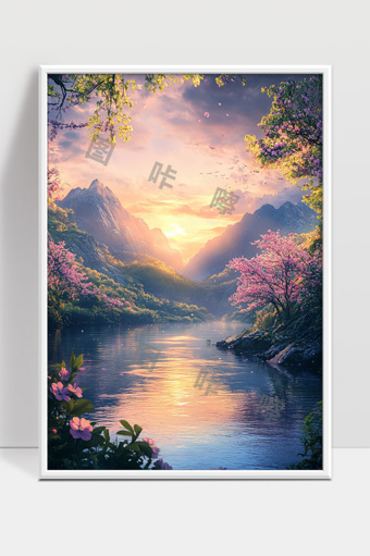 宁静山谷中的春日夕阳与绚丽花海