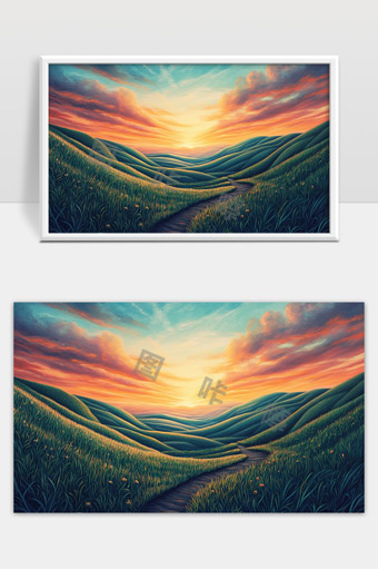 夕阳映照下的草原小径与连绵起伏的绿意山丘