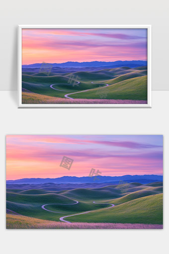 晚霞映照下起伏连绵的绿色山丘与蜿蜒小路