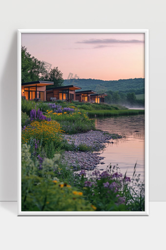 湖边现代木屋伴随花海夕阳美景宁静自然
