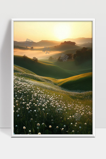 晨曦下绿野仙踪般的花海与起伏山丘美景