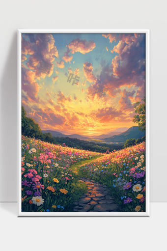 灿烂夕阳下绚丽多彩的花海山间小径