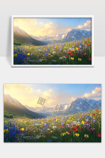 阳光照耀下高山花海的春季自然风光