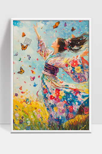 花海中身穿和服自由舞动的少女与蝴蝶飞舞