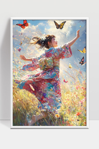 穿着和服的少女在花海中自由舞动迎接蝴蝶