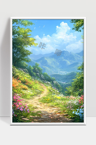 春日山间花海美景蜿蜒小径通向远山蓝天白云