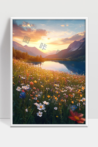 绚丽花海映照湖泊夕阳余晖山谷景色