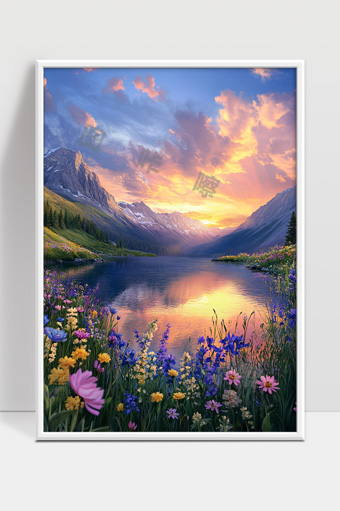 夕阳映照山谷花海湖泊自然风光唯美景色