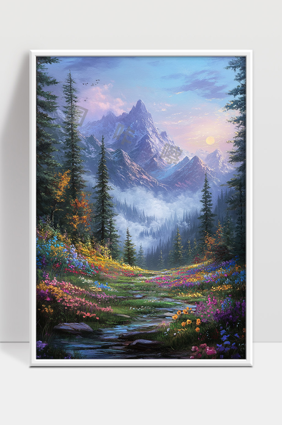 雪山晨光下的彩色花海与幽静溪流