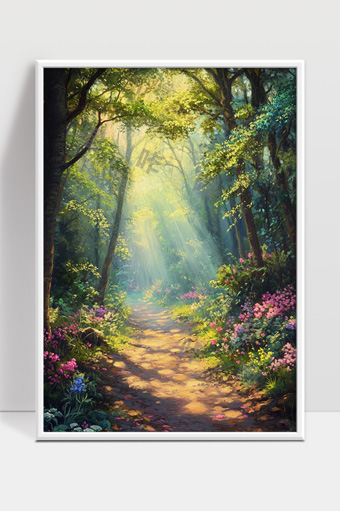 阳光洒落森林小径春日花海静谧自然景色