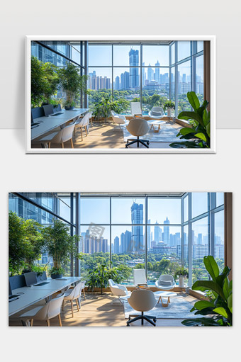 现代办公空间绿色植物自然采光与城市景观