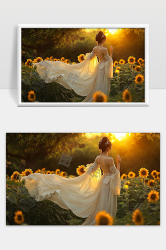 夕阳下向日葵田中飘逸白裙女子唯美背影
