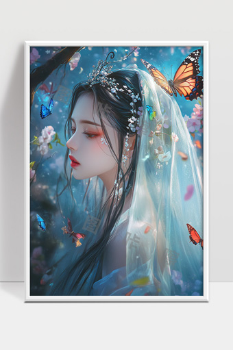 梦幻花海中翩翩起舞的少女与蝴蝶意境唯美