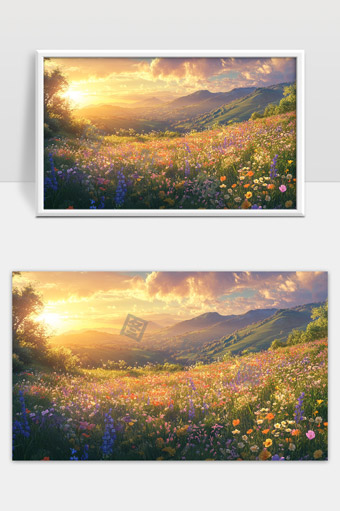 夕阳下绚丽花海映照山谷宁静自然美景