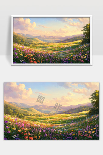 春日山谷绚丽花海与远山光影美景