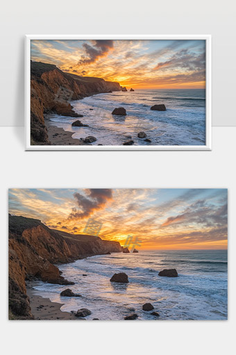 海岸夕阳壮美晚霞映照波浪拍打岩石