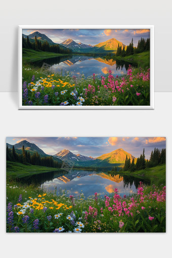 阳光照耀下的高山湖泊与绽放的野花美景
