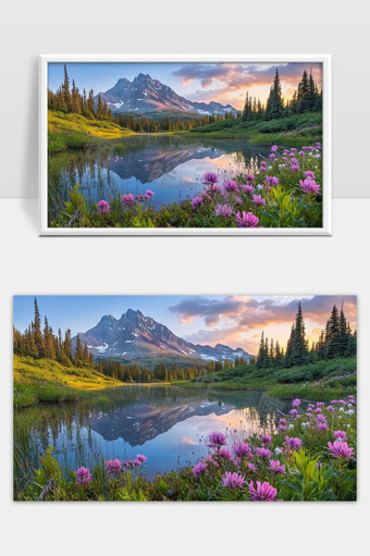 高山湖泊春季野花晨光自然风光美景