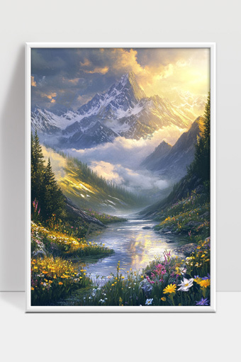 宁静山谷溪流春日花海雪山晨光美景