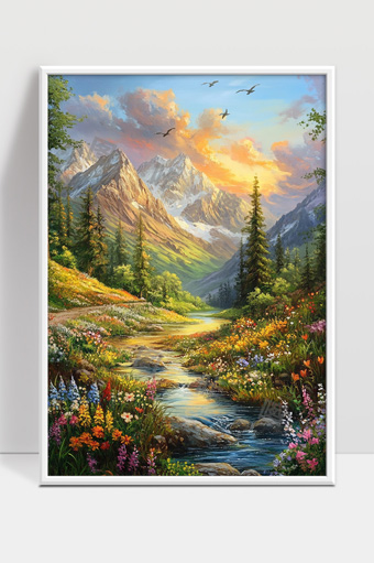 宁静山间溪流花海鸟鸣美丽自然风光画