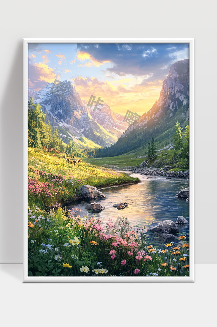 静谧山谷溪流晨光花海美景