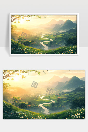 清晨山谷绿野花海蜿蜒溪流鸟鸣风光美景