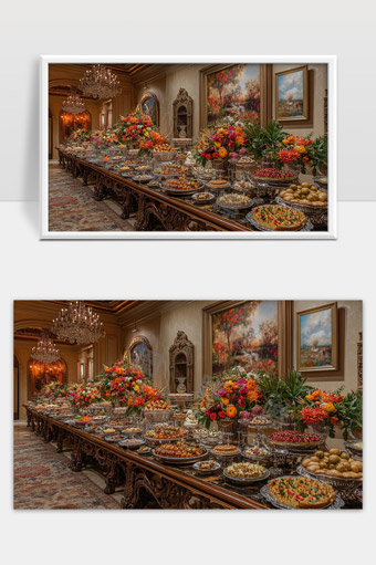 豪华古典餐厅丰富多彩宴会自助美食展示
