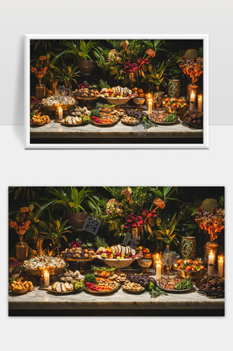 丰盛豪华的宴会餐桌摆满美食和烛光营造温馨氛围